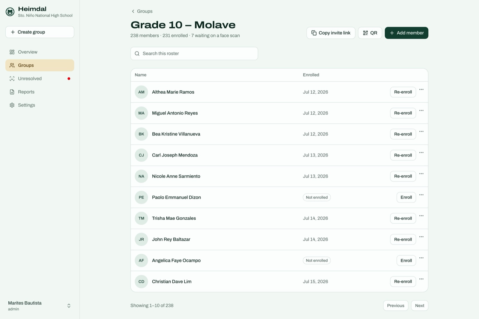 A group page headed Grade 10 – Molave: 238 members, 231 enrolled, 7 waiting on a face scan, with a table of names and enrolment dates, Re-enroll on the enrolled rows and Enroll on the rest.