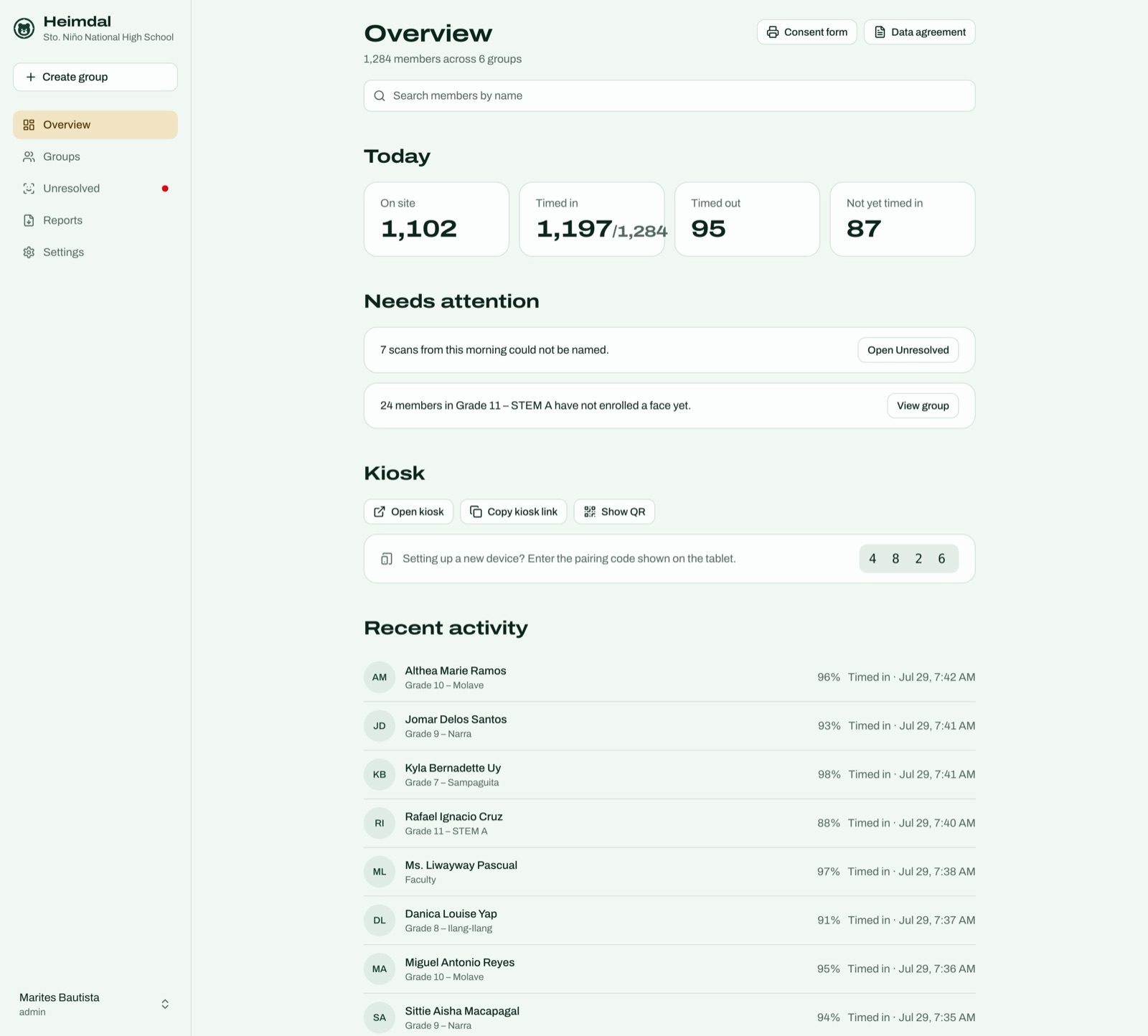 The Heimdal overview: counts for on site, timed in, timed out and not yet timed in, a needs-attention panel, a kiosk section with a pairing code, and a list of recent arrivals.