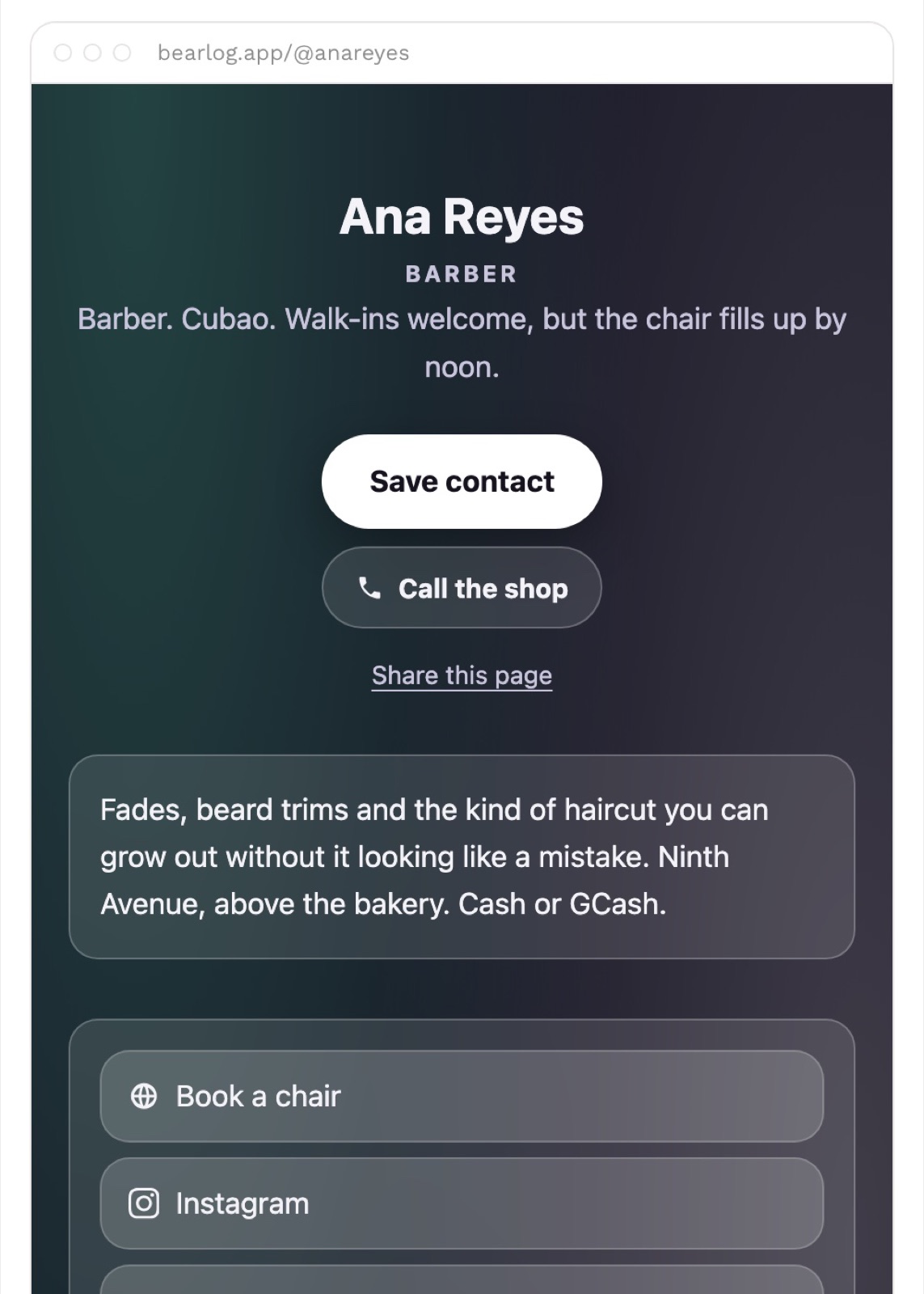 The same page at phone width: the name, Save contact, Call the shop, and the links stacked underneath.